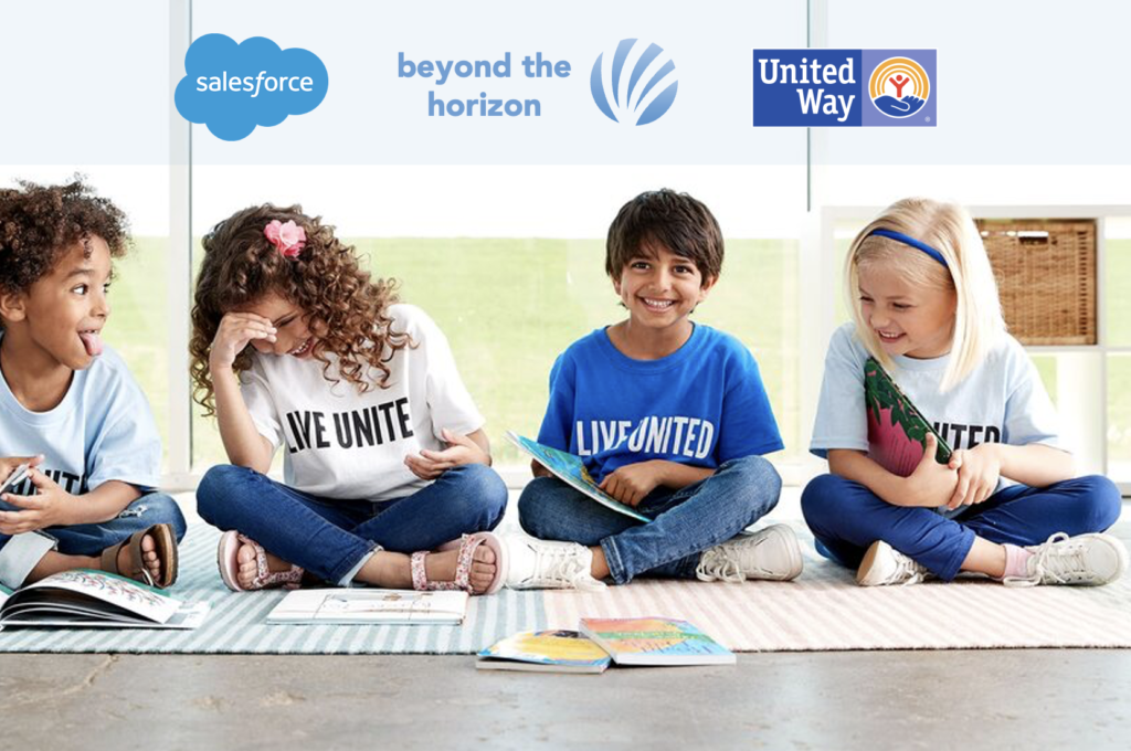 Salesforce, BTH, and United Way logos are featured above children reading books.